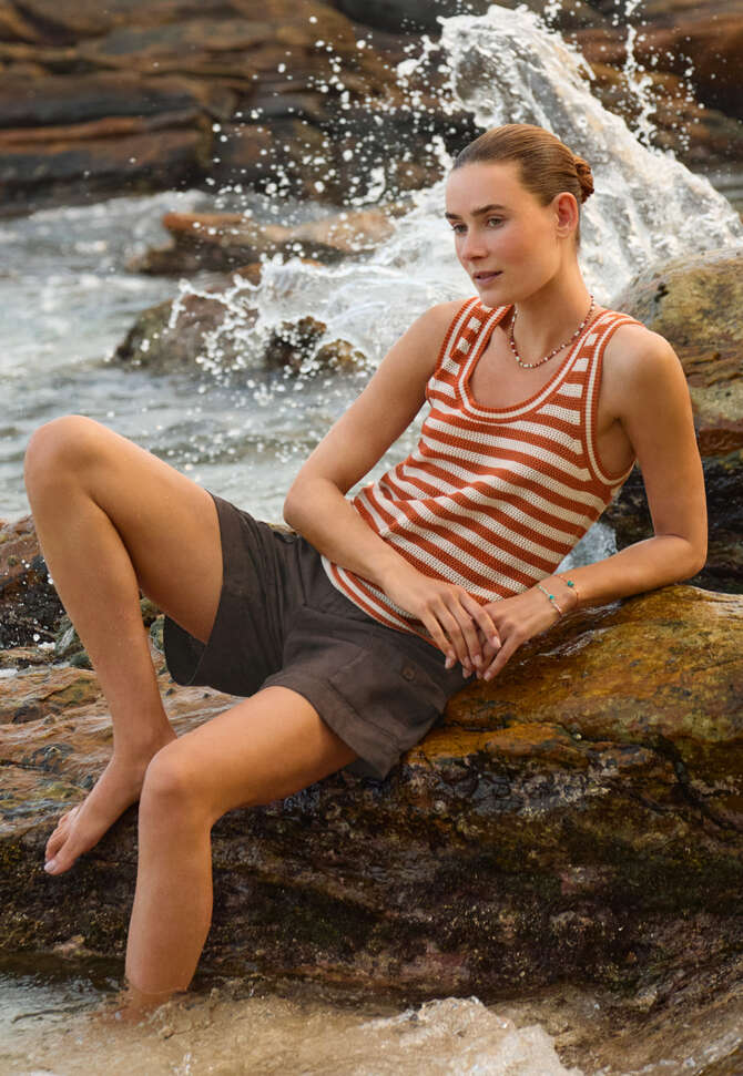 Striped sleeveless knit, Amber ecru, completeTheLook