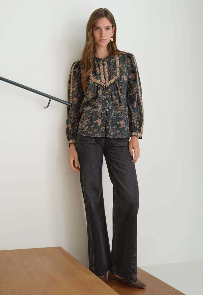 Embroidered printed blouse, Charcoal, completeTheLook