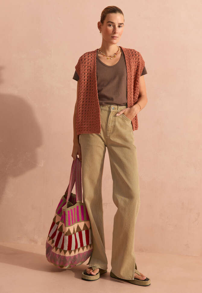 Crochet-stitch waistcoat, Terracotta, completeTheLook
