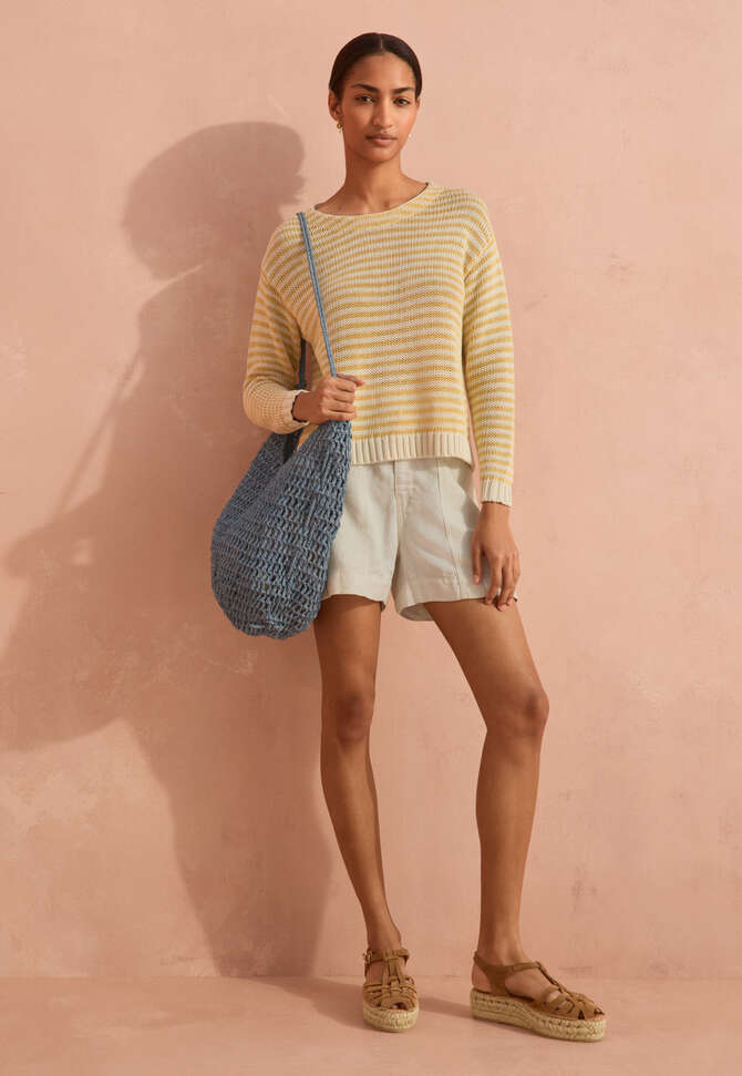 Striped crew-neck sweater, Butter yellow, completeTheLook