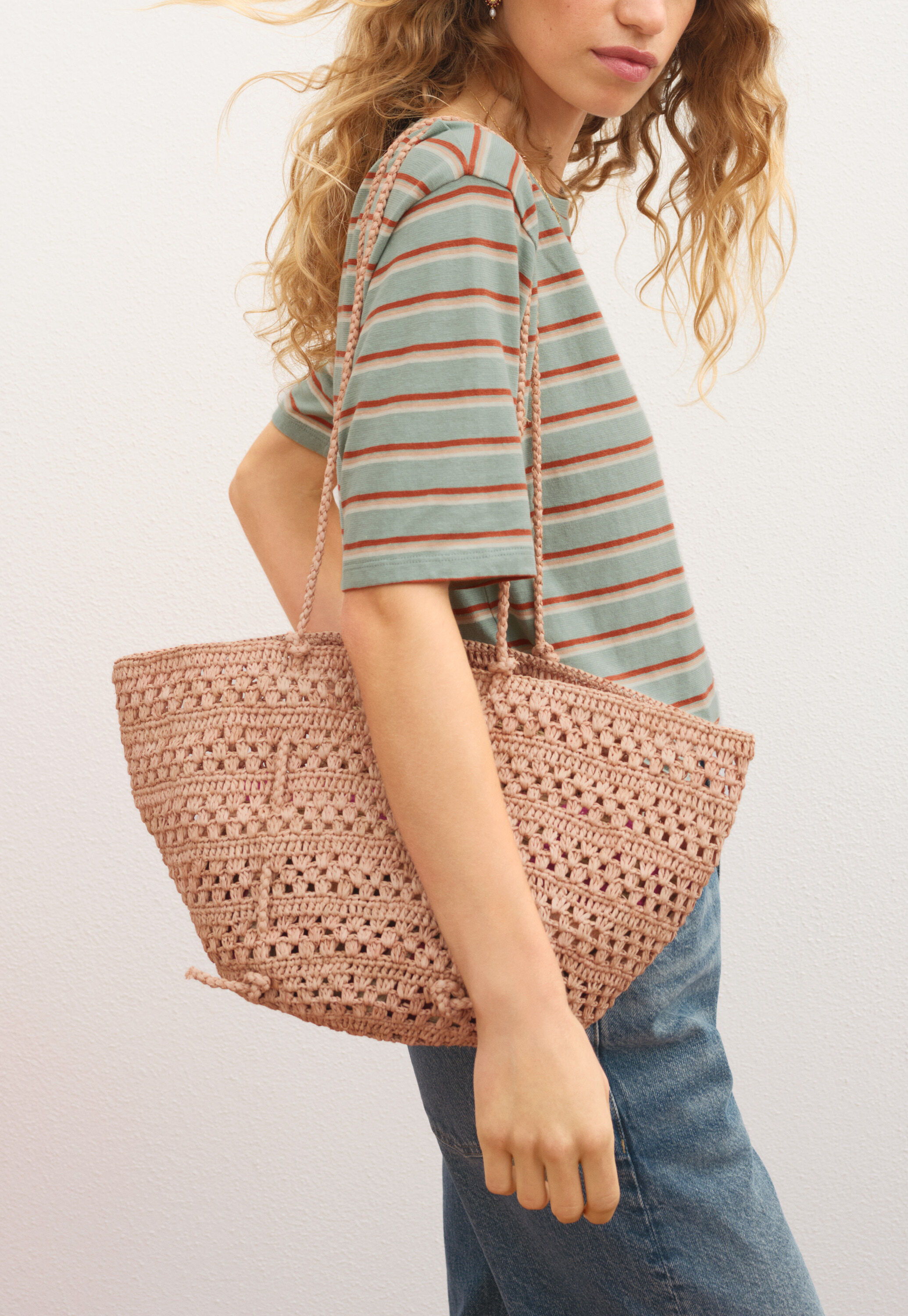Woven shoulder bag, Powder pink, large