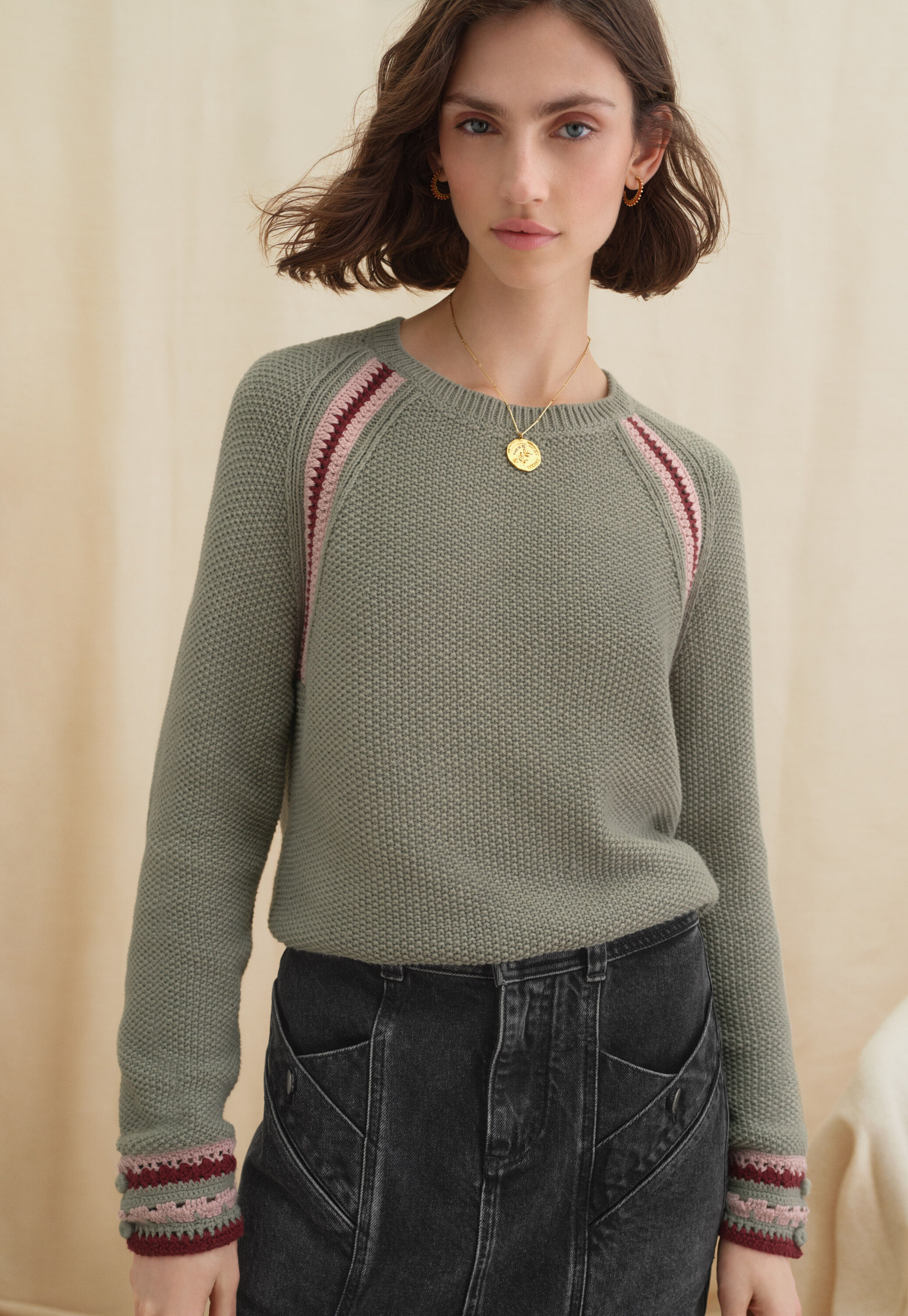 Crochet-detail sweater, Sage rose, large