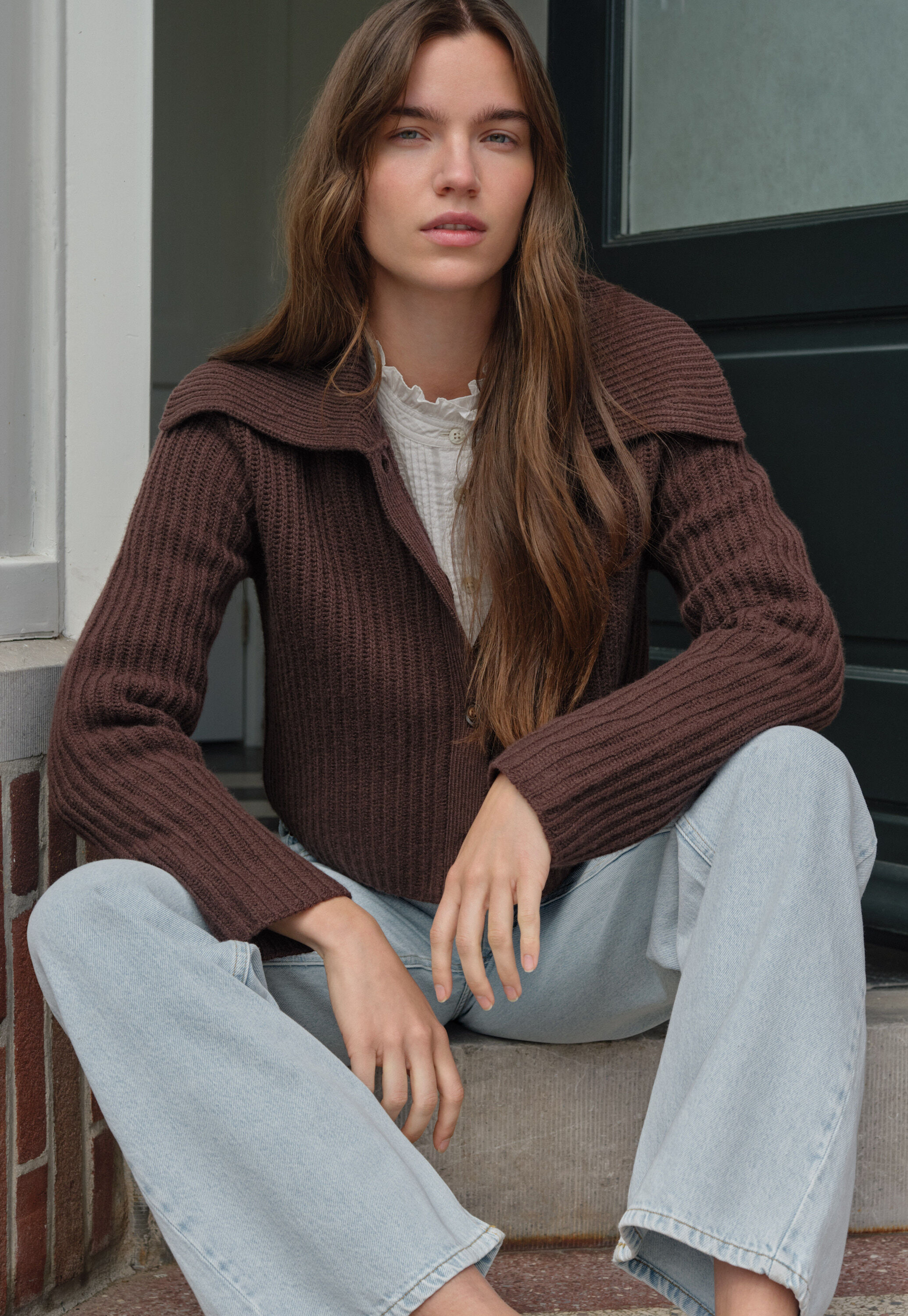 Rib-stitch collared cardigan, Dark chocolate, large