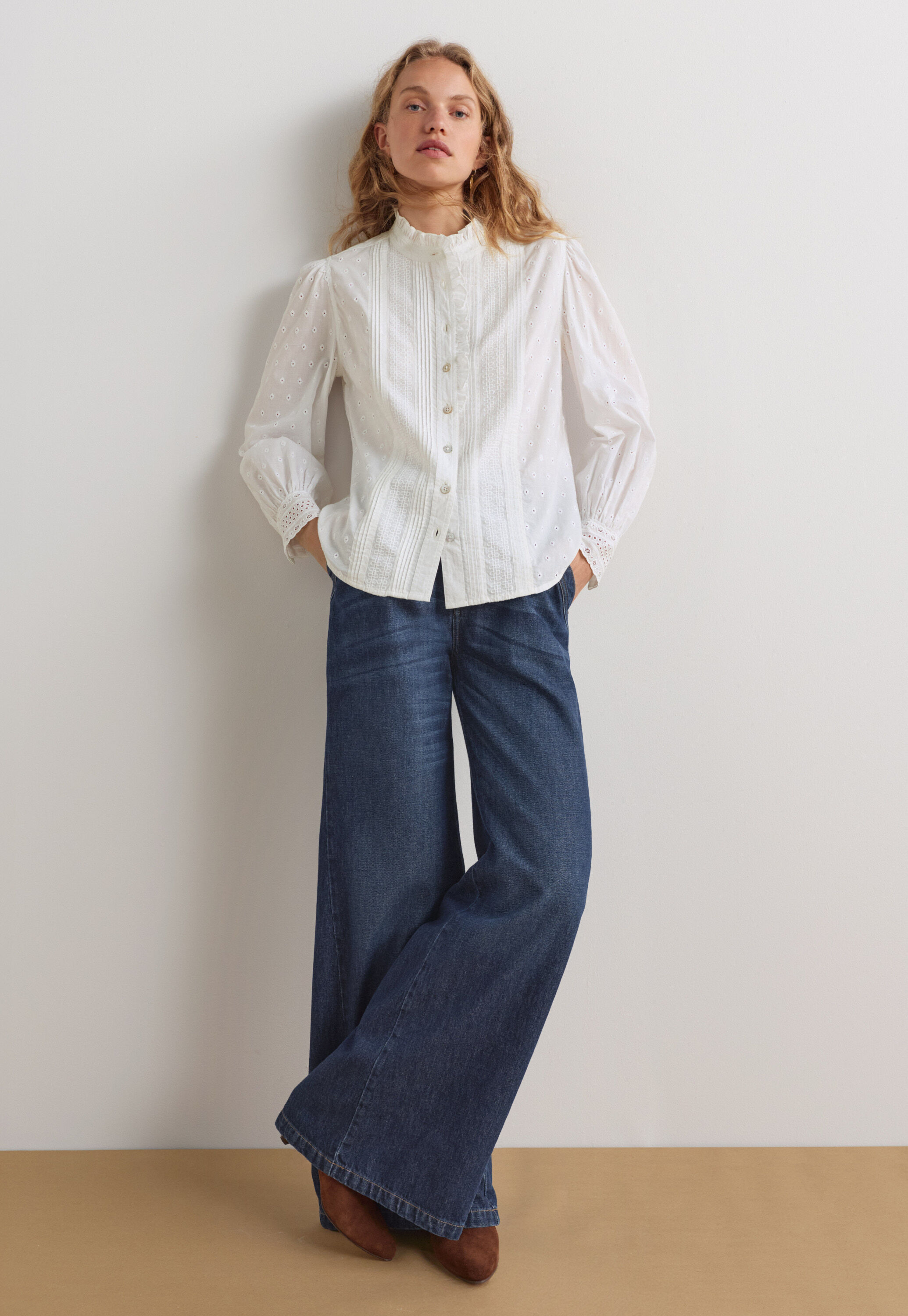 Ruffle-neck broderie blouse