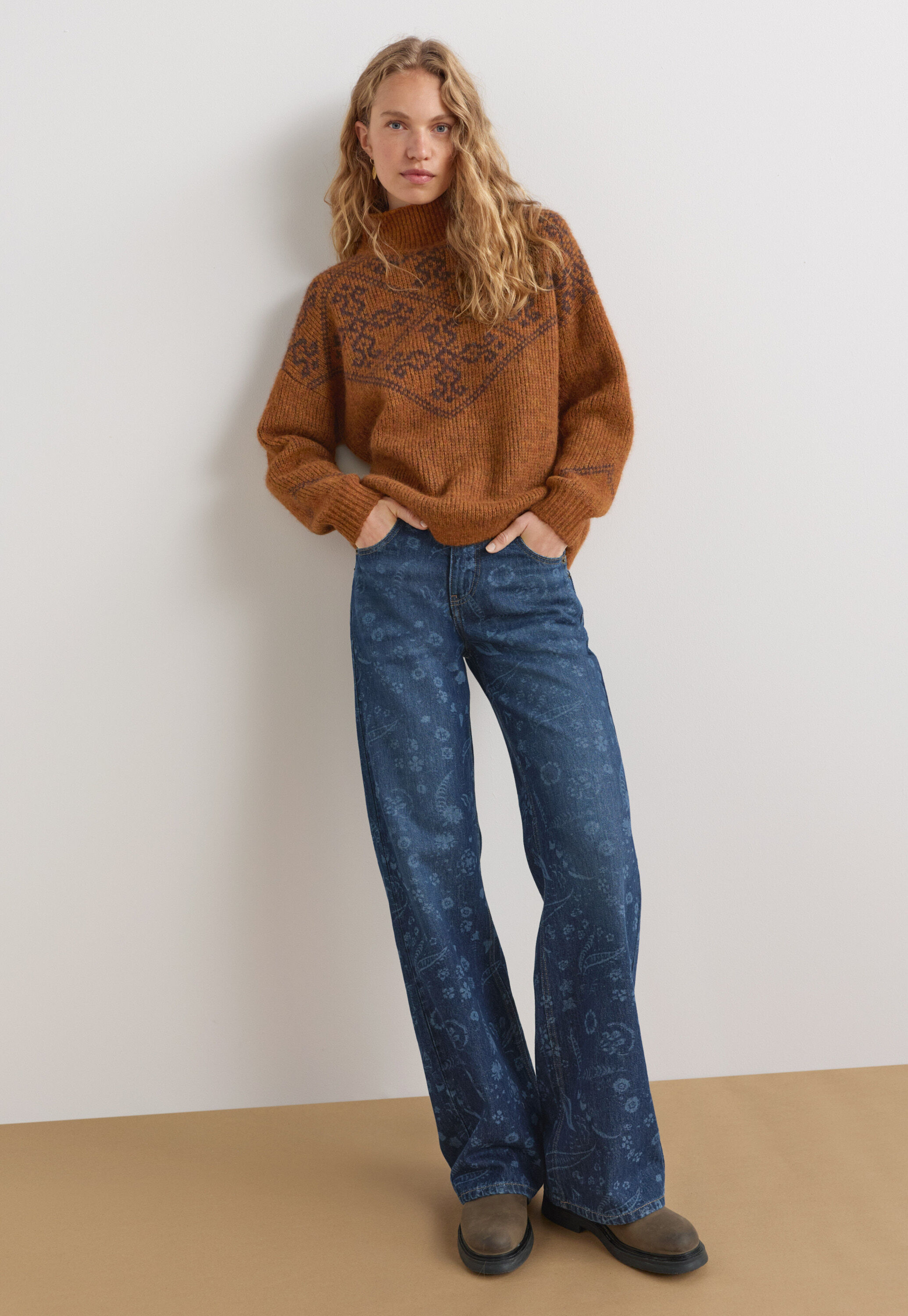 Jacquard sweater, Copper coffee, large
