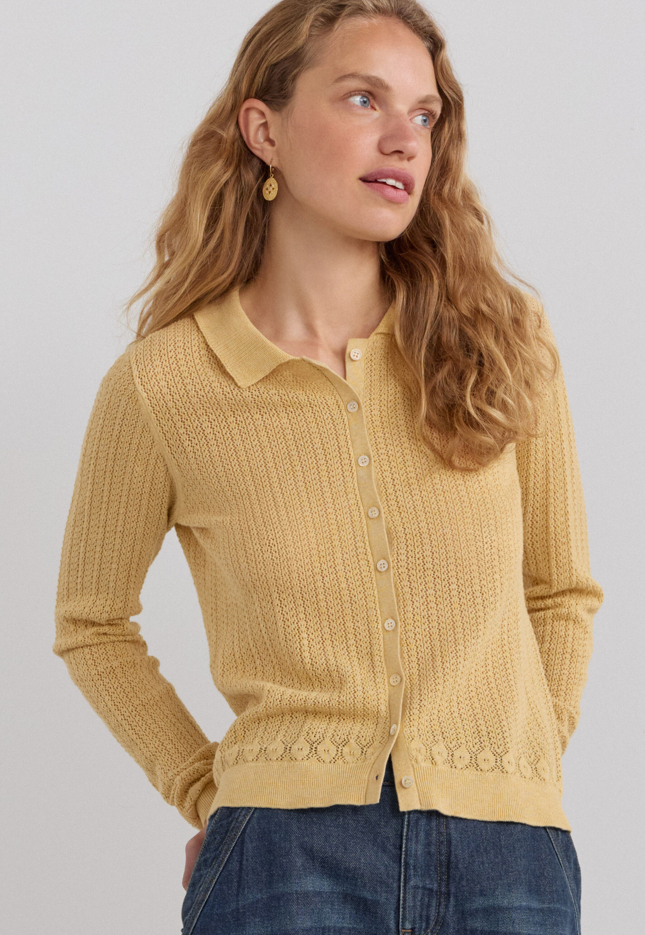 Lace-stitch collared cardigan, Butter yellow, large