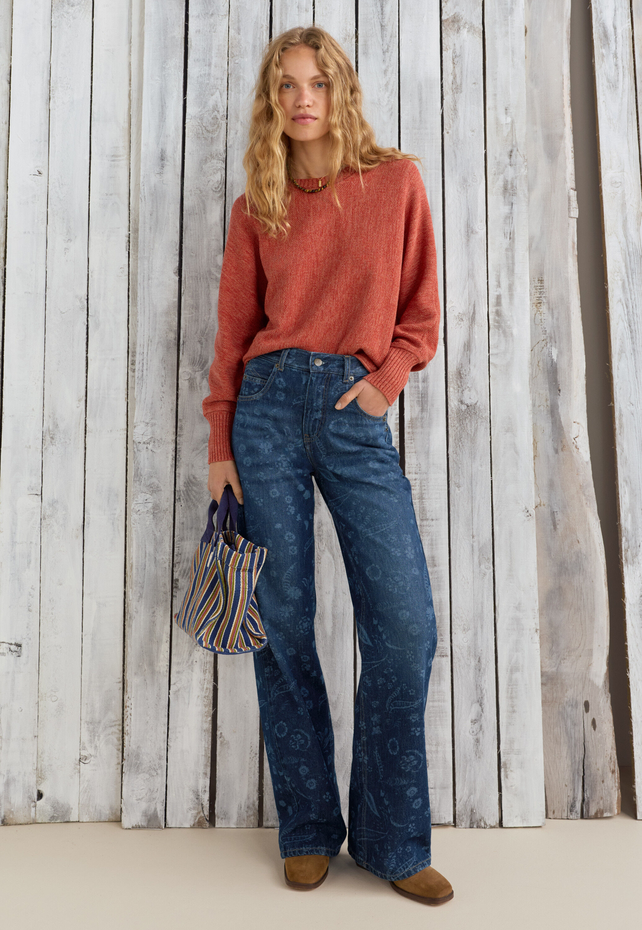 Moss-stitch sweater, Soft red, large