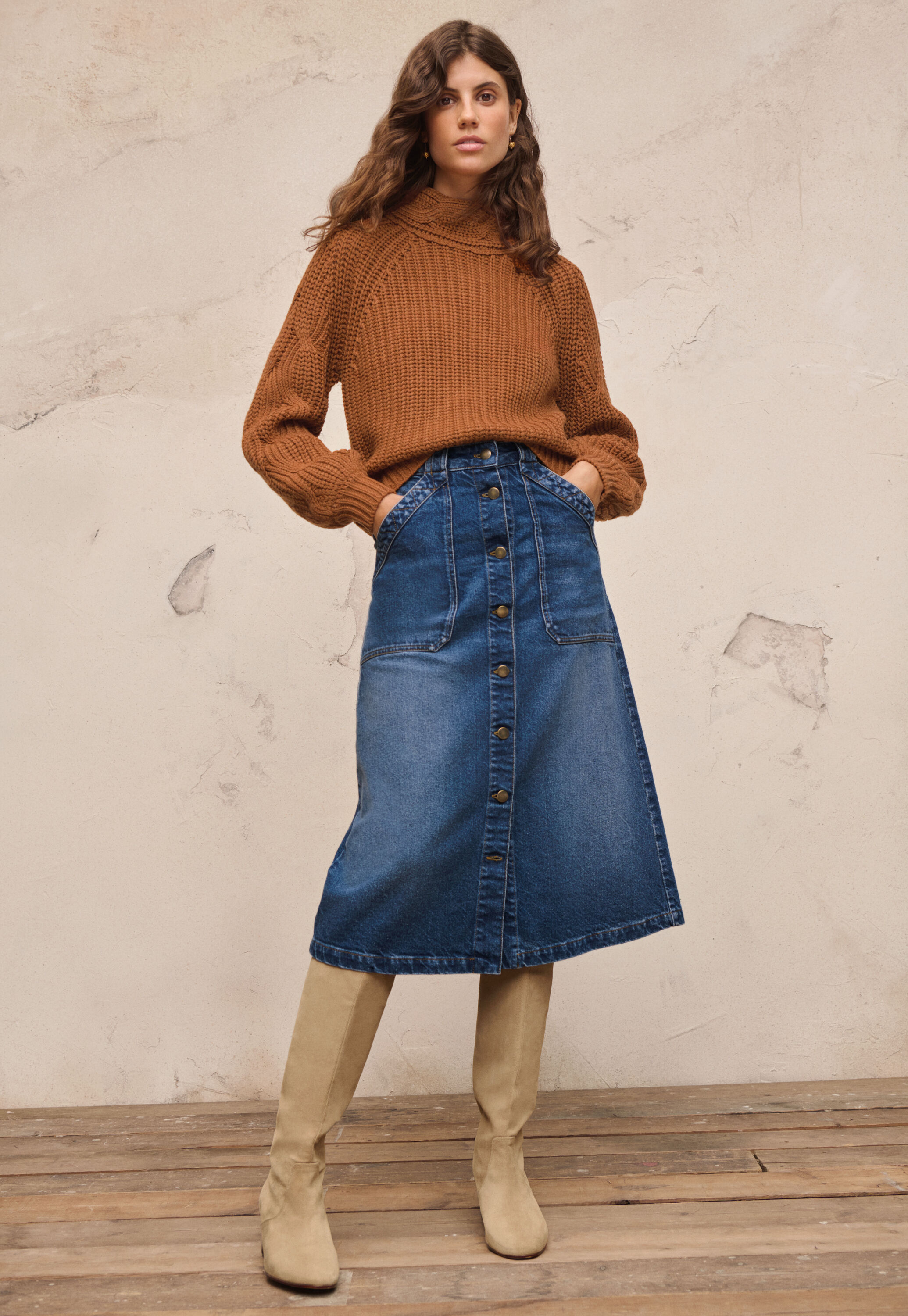 Denim button-front skirt